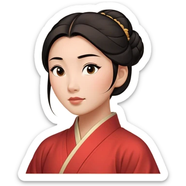 Cinematic Timeless Mulan Portrait Emoji, rendered in a clean vector style. Depict Mulan with warm, light-toned skin, neatly styled dark hair in a traditional bun, and a serene, confident expression, dressed in a simple traditional robe with minimal decoration. The image is highlighted by a soft, inviting glow and a subtle glowing outline, capturing enduring beauty and quiet strength. sticker