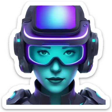 Secret humanoid agent in a futuristic hat with in Apple VR goggles headset code display on the goggles , cyberpunk, cyan and purple colors, only upper body portrait, front facing the camera  sticker