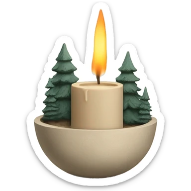 Candle in beige concrete vessel with painted pine trees sticker