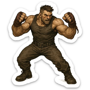 a tough brawler character, muscular, ready to fight, in a dynamic pose, detailed general illustration sticker
