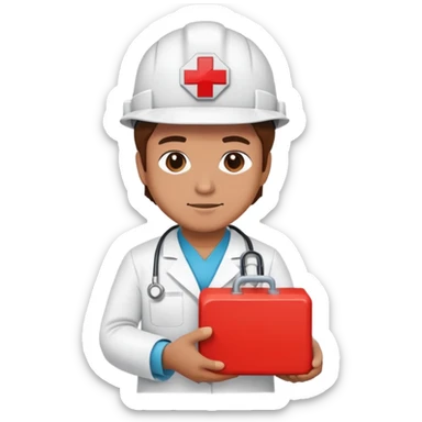 Brick mason wearing a hard hat but in a doctors gown emoji holding a big red brick sticker