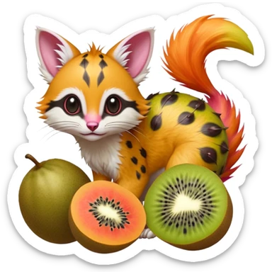 Hyper realistic  tropical fruit-splash fur of kiwi-lime, papaya-orange, and dragonfruit-pink chaos beautiful elegant pretty precious cute  Fakémon-Pokémon-opossum-feline-serval-caracal-chinchilla-Furret-Minccino-hybrid-creature with a big fluffy bushy tail (full body) sticker