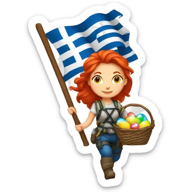 Female mountaineer red hair climbing with Greek flag and holding Easter eggs basket sticker
