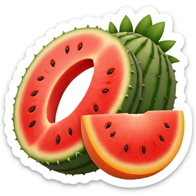 Stenocereus genus fruit without spikes, red, round, without top leafs instead something like a cantaloupe red mark where the fruit was cut sticker