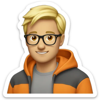 guy with black glasses dirtyblonde short hair with orange sweatshirt sticker