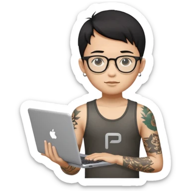 A young boy with A macbook laptop, black straight short hair, wearing glasses, wearing a tanktop, has tattoos, he is asian, no earrings, he's holding a laptop

Add the letters "P I F" floating around sticker