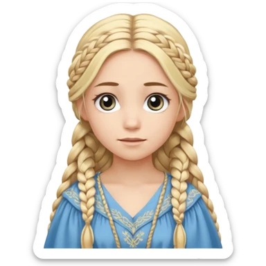 
mujer, Joven, de aspecto dulce y elegante.
Piel clara, ojos grandes y expresivos (pueden ser azules o verdes), sonrisa triste.
Rubio o castaño claro, largo, con trenzas o velo.
Vestido largo de tonos suaves (blanco, azul o lavanda), con bordados dorados; un manto o toca fina cubriendo la cabeza.
 sticker