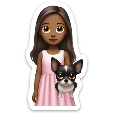 Little Girl with White skin, black eyes. Long brown hair with. She is wearing a pink and White dress, standing and holding on to a Chihuahua black sticker