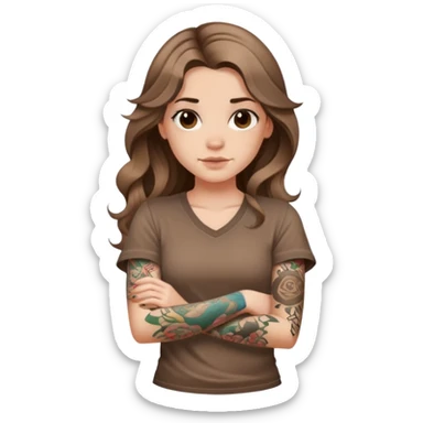 A girl with fair skin, long wavy hair, tattoos on her arms, wearing a brown short-sleeved shirt sticker