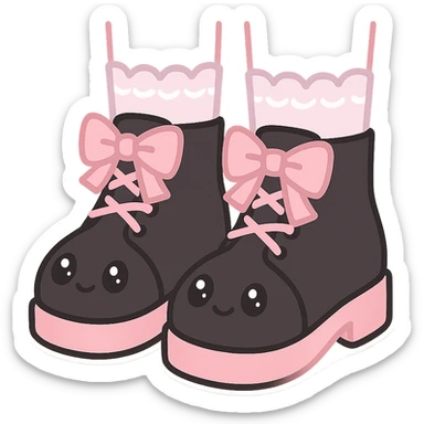 BLACKPINK-inspired gothic shoes, no hearts, black and pink, cute and stylish, kawaii style, lace-up ankle boots with ribbons, pastel lace socks sticker