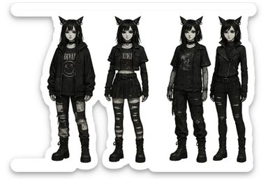 outfit designs for a VTUBER OC. The style is mixed 90's grunge, punk, lots of black and white in the color scheme, futuristic aesthetic. Clothing has small rips and tears from wear, logos and designs are faded. Garage, Shoegaze, postmodern style. character design concept art outfits for a female sticker