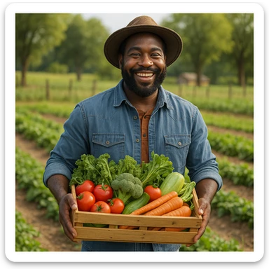 Black man farmer, carrying a basket of vegetables, cheerful, farm setting, casual clothes sticker