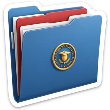 A simple emoji-style icon of a white textured paper folder, clean and formal, with sharp edges, minimal shading, and an embossed university degree/certification seal on the front, conveying academic achievement and official records. white white white  sticker