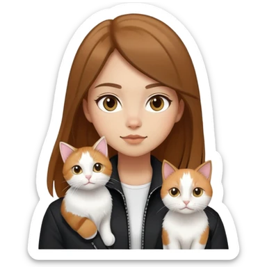 Light-skinned girl with brown straight hair wearing a black jacket, along with one pure white cat and one calico cat sticker