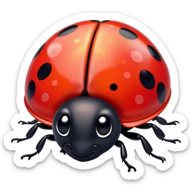 Cinematic Cute Ladybug Portrait Emoji, Head tilted playfully and inquisitively, featuring a diminutive, adorable form with a glossy red shell dotted with playful black spots and round, sparkling eyes full of gentle mischief, Simplified yet irresistibly adorable features, highly detailed, glowing with a warm, inviting glow, high shine, affectionate and lively, stylized with a touch of whimsical garden charm, soft glowing outline, capturing the essence of a mischievous ladybug that seems as if it could flutter out of the screen into your arms! sticker