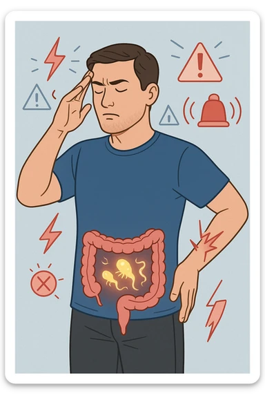 uomo che ignora i suoi un mal di testa, mal di schiena e dolore articolare e ignora ogni segnale e messaggio che il corpo manda per avvertirlo, ma alla fine dipendono tutto dai parassiti intestinali  sticker