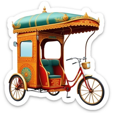 Cyclo rickshaw – Cinematic Realistic Cyclo Rickshaw, depicted as a charming, ornately painted three-wheeled cycle taxi with vintage detailing, set on bustling city streets under dynamic urban lighting that evokes cultural heritage and nostalgic charm. sticker