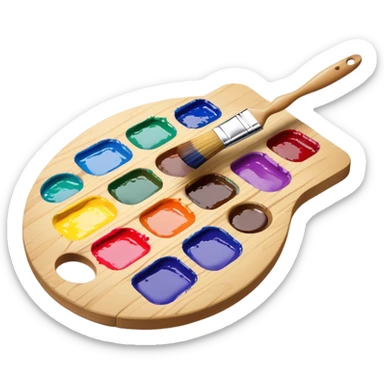 Cinematic Realistic image of a vibrant paint palette and brush, featuring a wooden palette smeared with an array of richly blended colors and a finely detailed brush with soft, delicate bristles, set against a softly textured background that evokes artistic inspiration sticker