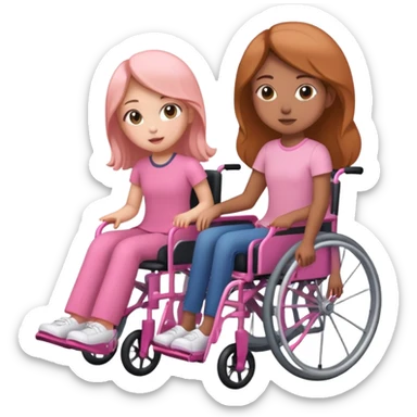 One peach skin sister pushing her light brown skin sister in a pink wheelchair sticker