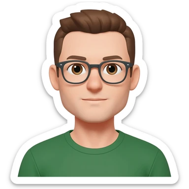 man glasses brown hair brown eyes short hair green t shirt sticker