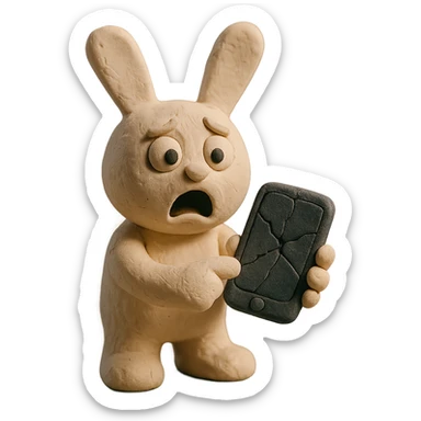white bunny holding cracked phone with shocked face, claymation style sticker