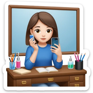 Girl sitting at vanity taking out picture with iphone 15 plus and study materials on the vanity sticker