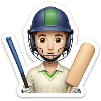 cricket player with bat helmet pads and wicket stumps behind sticker
