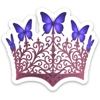 Mysterious and elegant butterfly crown, darker matte pink with purple butterflies, gothic filigree, transparent background. sticker