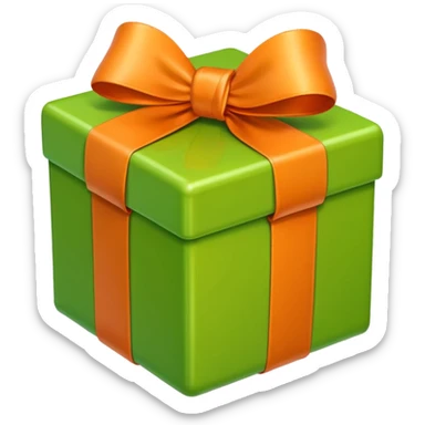 apple style emoji of a light green box with an orange bow and curled ribbon ends sticker