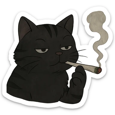 Make the cat black and make the joint clearly look like it contains weed, with a green leafy tip and a burning end, keep the background transparent. The style should be preserved as in the original image. sticker