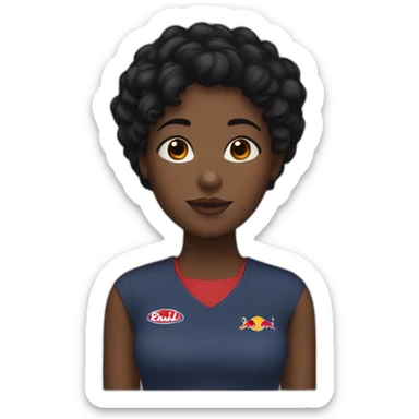 A black girl, brown eyes, short black hair with a red bull can sticker