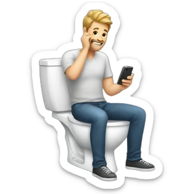 Man sitting on toilet with phone sticker