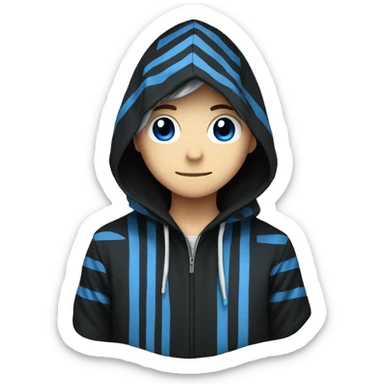 Make an anime with a person with a hood which is black and has some blue stripes and the same pattern for the cloths sticker