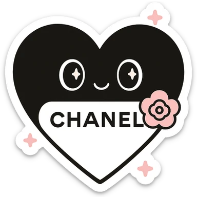 Chanel heart, cute, black and white, with a small camellia flower sticker