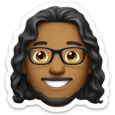 Caramel smiling guy, black eyes, black long wavy hair, no facial hair, thin long nose, round glasses, black t shirt sticker