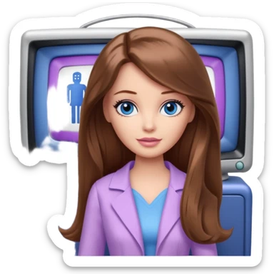 beautiful barbie girl with long brown hair, blue eyes and wearing light purple clothes watching tv show doctor who sticker