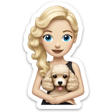 woman with straight blonde hair and blue eyes is holding a cream poodle  sticker