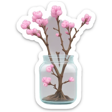 Delicate big twig with pink buds in a transparent jar vase sticker