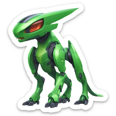 a shiny green Genesect-Raptor-Fakémon—hybrid with a futuristic visor-helmet full body sticker
