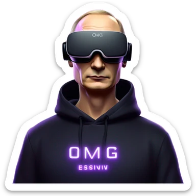 Vladimir Putin wearing a black hoodie with "OMG" letters on it and VR headset oculus quest 2 in a cyberpunk VR environment with violet neon lighting. sticker