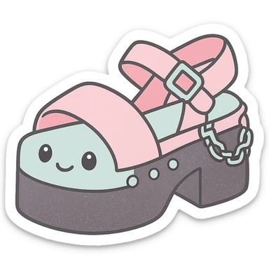 Add a subtle glitter effect to the black-to-pastel pink gradient platform sandals with silver studs and chains, kawaii style, no socks, no hearts, transparent background sticker