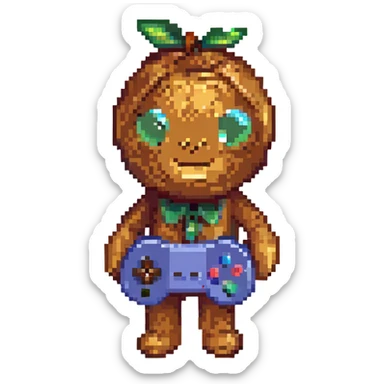 A standing walnut holding a game controller sticker