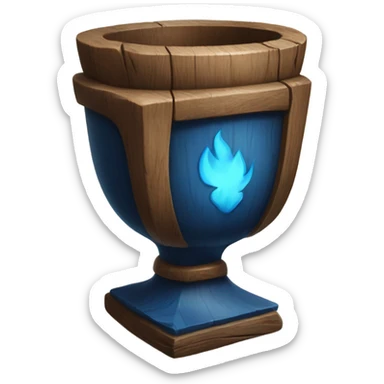 A magical goblet, large and imposing, made of aged wood with a smooth surface. It emits a kind of blue fire, standing out as a symbol of power and mystery. sticker