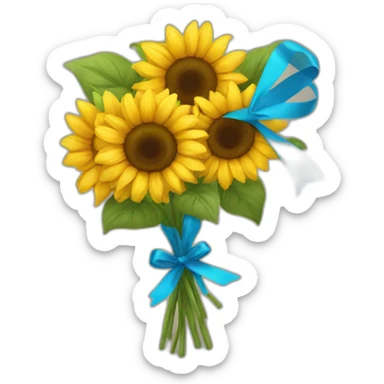 a bouquet of sunflowers tied with a yellow-blue ribbon sticker