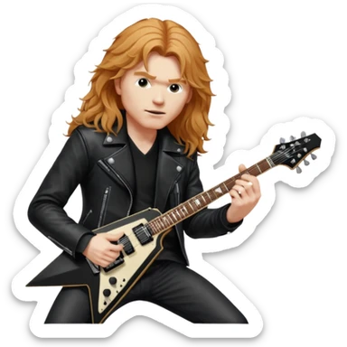 Dave mustaine from the band megadeth playing on his black Gibson flying v guitar large emoji leather jacket long redish blonde hair  sticker