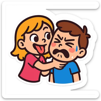 playful cartoon emoji sticker of a girl teasingly holding a boy's neck, both with exaggerated cute and funny expressions, vibrant colors, ideal for chat stickers sticker