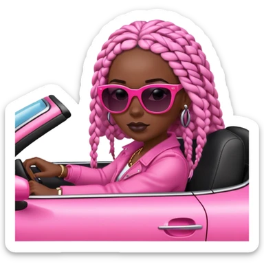 A dark-skinned Black woman with black box braids, driving a pink car sticker