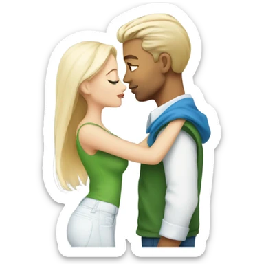dirty blonde hair and blue eyes man sharing a kiss with platinum blonde hair green eyes woman sticker