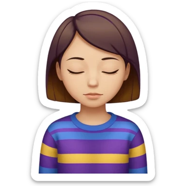 Humano de piel amarilla con los ojos cerrados y cara inexpresiva y pelo cafe corto al hombro con un suéter azul con rayas moradas  sticker