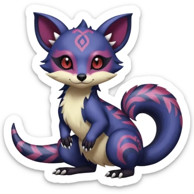 Rare warm-colored exotic gloomy tropical edgy cute epic aesthetic spooky indigo purple white black red gothic colorful Salandit-Furret-Espurr-Meowstic-Civet-species-Fakemon-hybrid-creature, with tribal tattoo markings, full body sticker